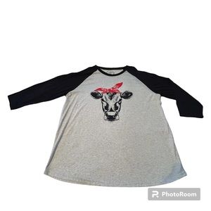Jane Marie Grey Cow Face Graphic Baseball T-shirt Size XXL